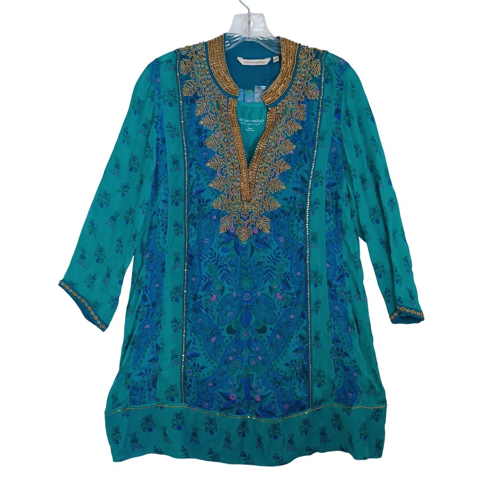 Soft Surroundings Teal Silk Blend Beaded Tunic Top Blue Paisley Boho Womens Sm